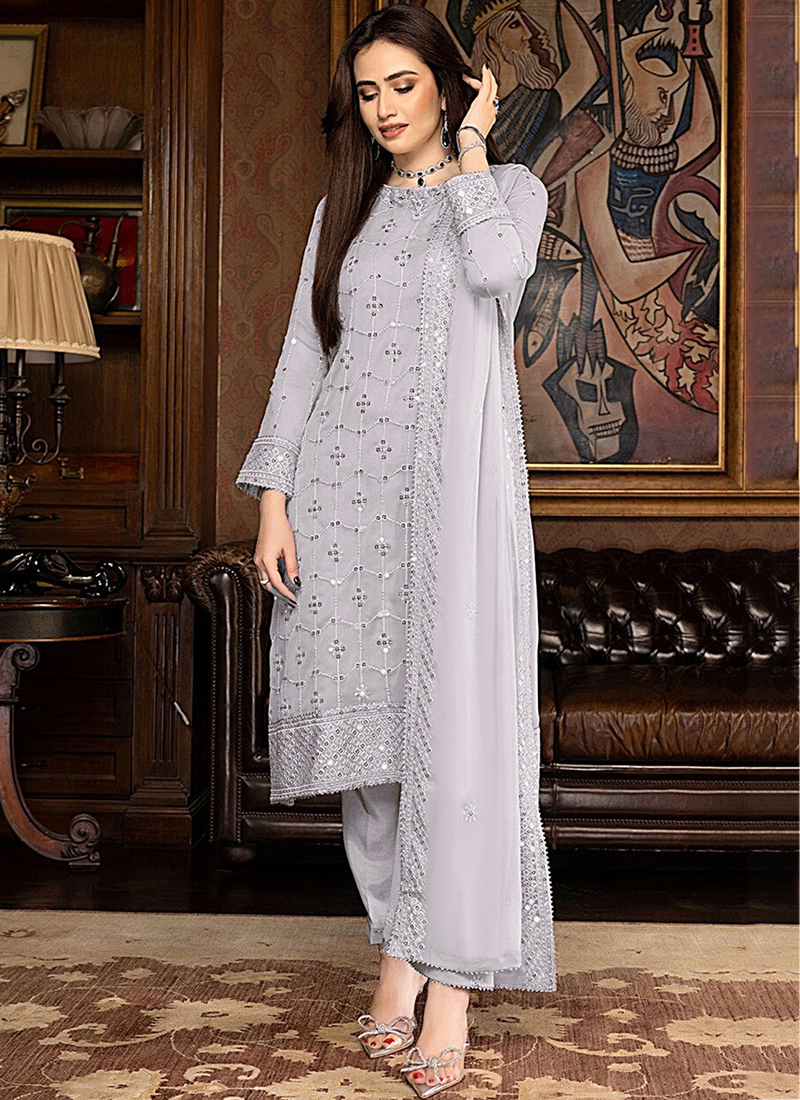 Buy Eid Wear Light Grey Embroidery Work Faux Georgette Pakistani Suit Online From Surat Wholesale Shop